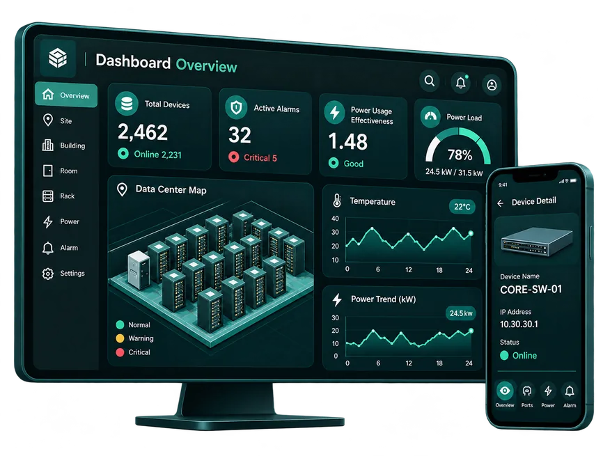 XyPulse DCIM dashboard on desktop and mobile showing devices, alarms, PUE, power load, data center map and temperature trends