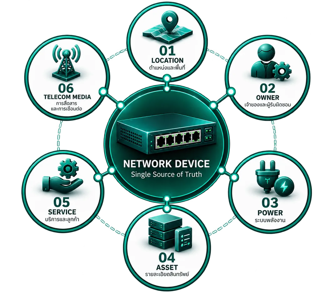 Network device at the centre, connected to six dimensions: location, owner, power, asset, service and telecom media